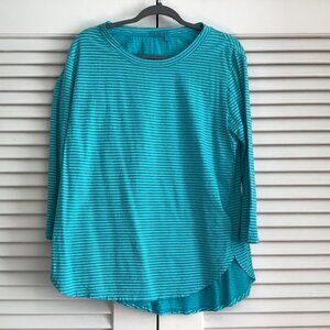 Fresh Produce Womens Long-Sleeve Striped Tunic Top L 100% Cotton Teal White Made